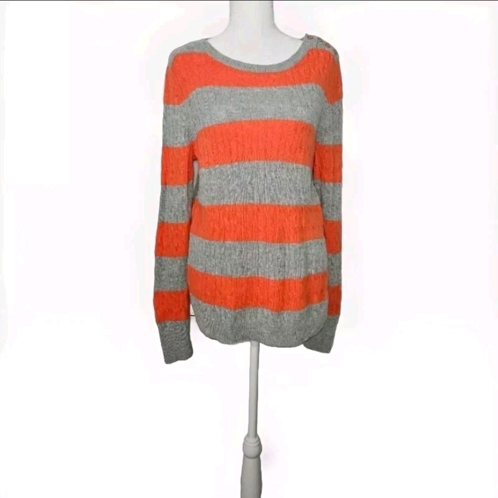 Talbots Lambswool Blend Orange & Gray Cable Knit Pullover Sweater Size L